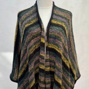 Kensie Striped Black Green Yellow Poncho Fringe Hem Blanket Shawl Button Details